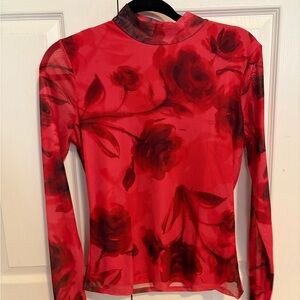 Suzy Shier Red Floral Long Sleeve Top